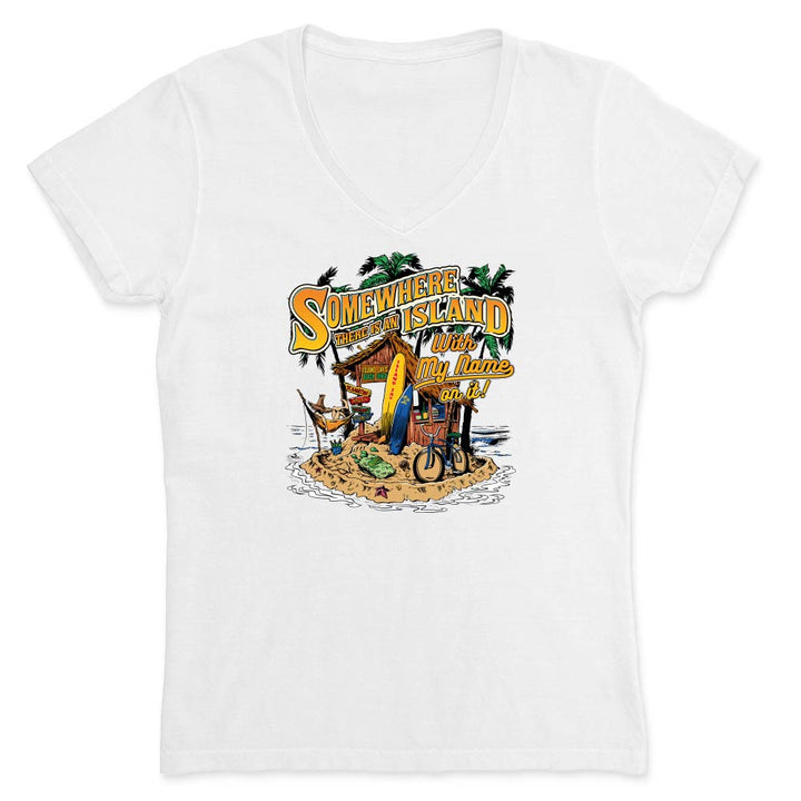 White t-shirt with a tropical island graphic and the text 'Somewhere There Is An Island With My Name On it".