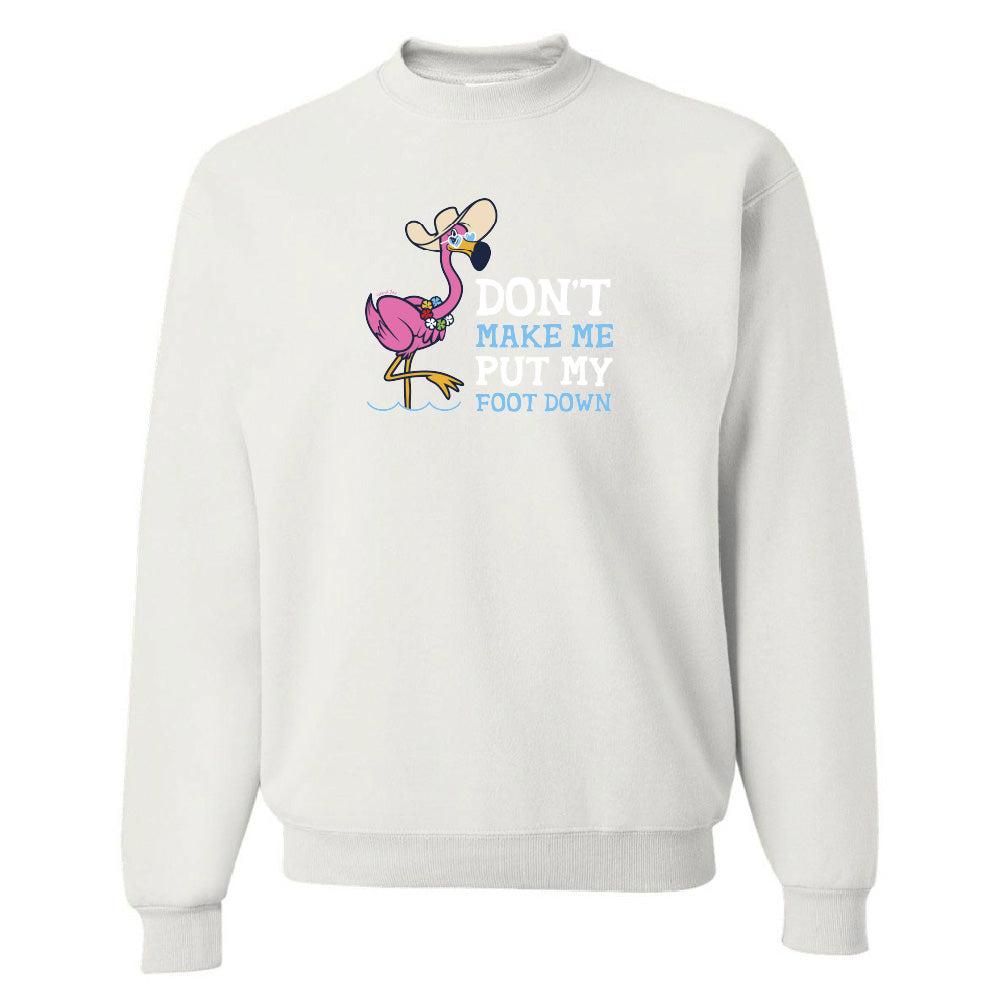 White sweatshirt with a flamingo graphic and text on a white background