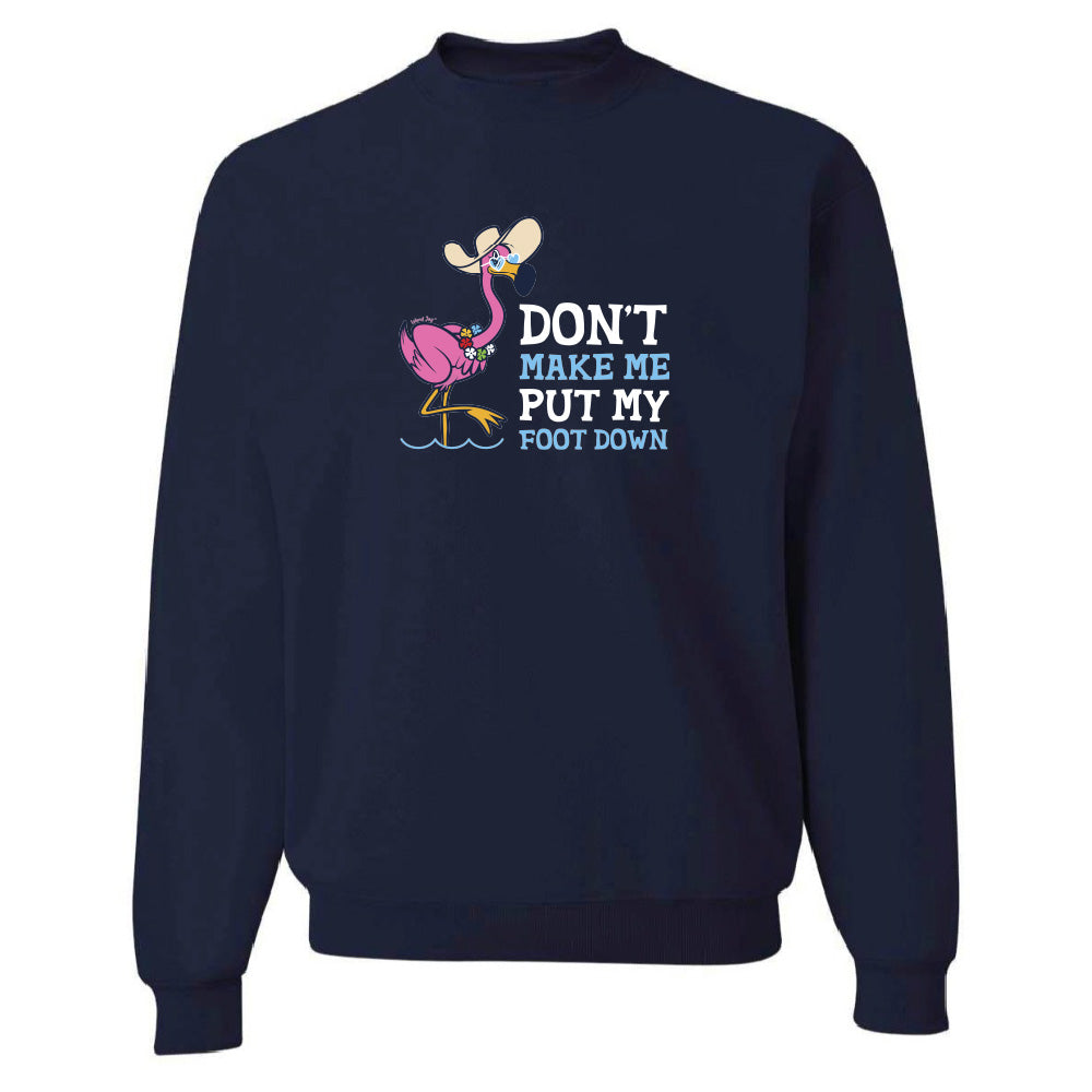 Navy blue sweatshirt with flamingo graphic and text on a white background