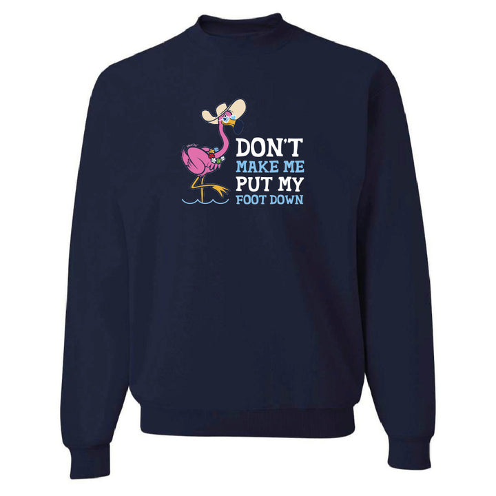 Navy blue sweatshirt with flamingo graphic and text on a white background