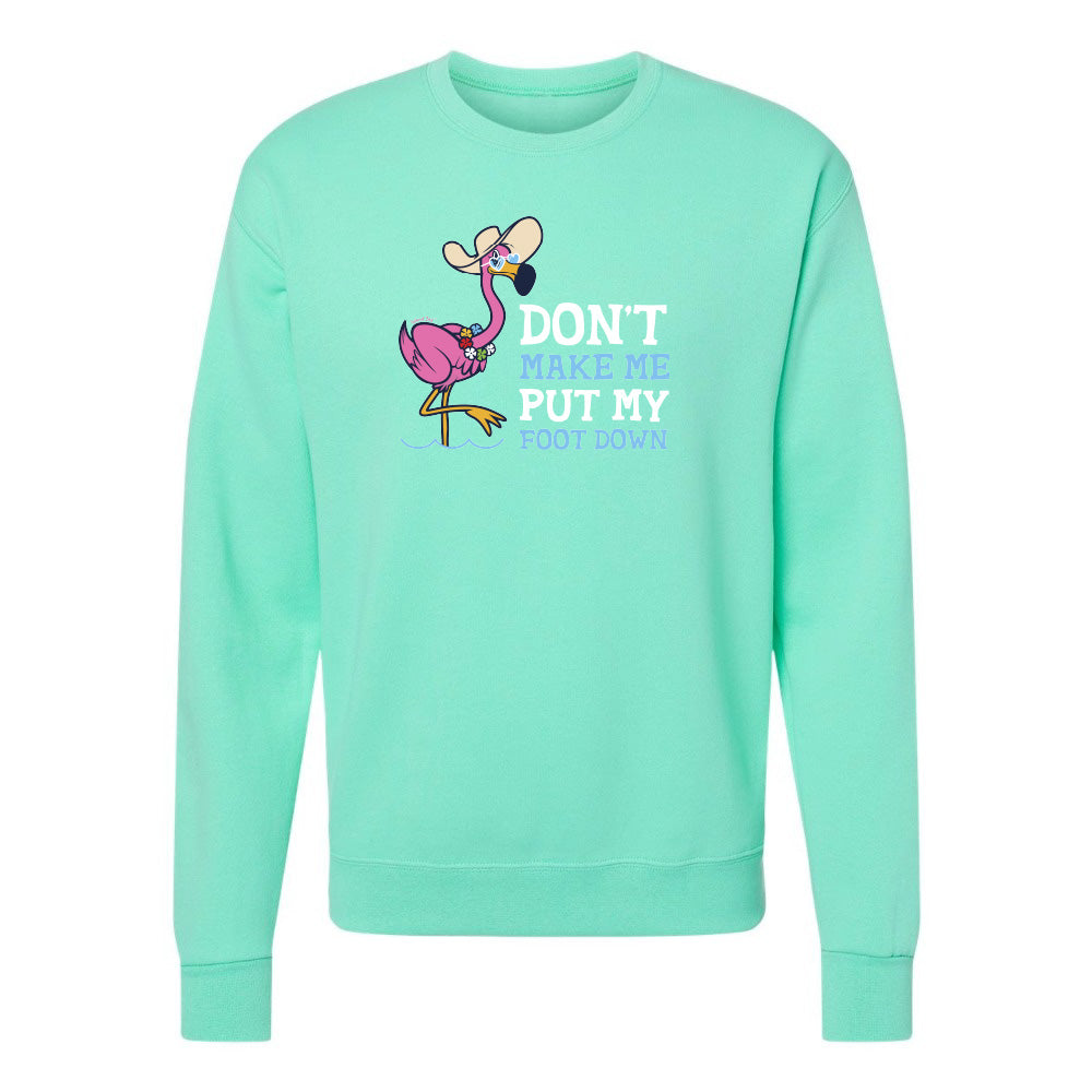 Mint green sweatshirt with a flamingo graphic and text on a white background