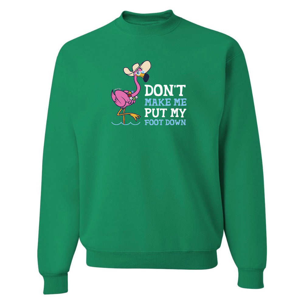 Green sweatshirt with cartoon flamingo and text on a white background