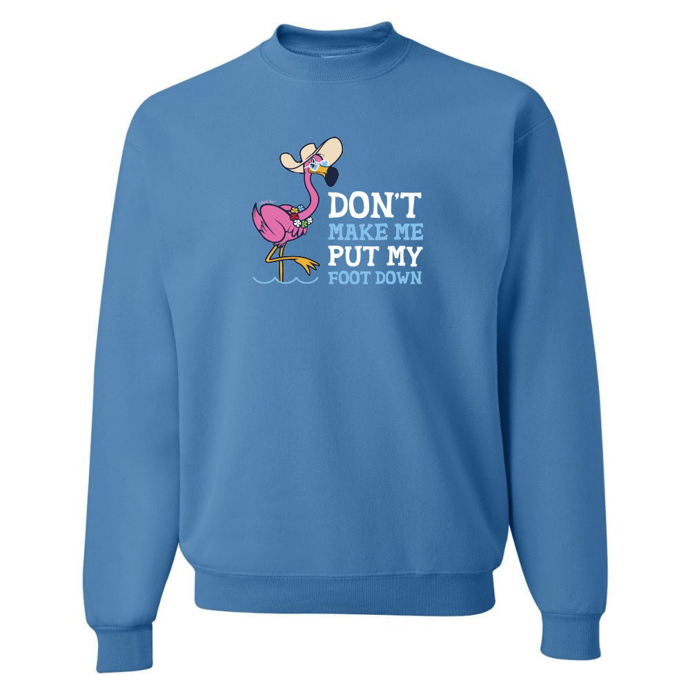 Blue sweatshirt with a flamingo graphic and text on a white background