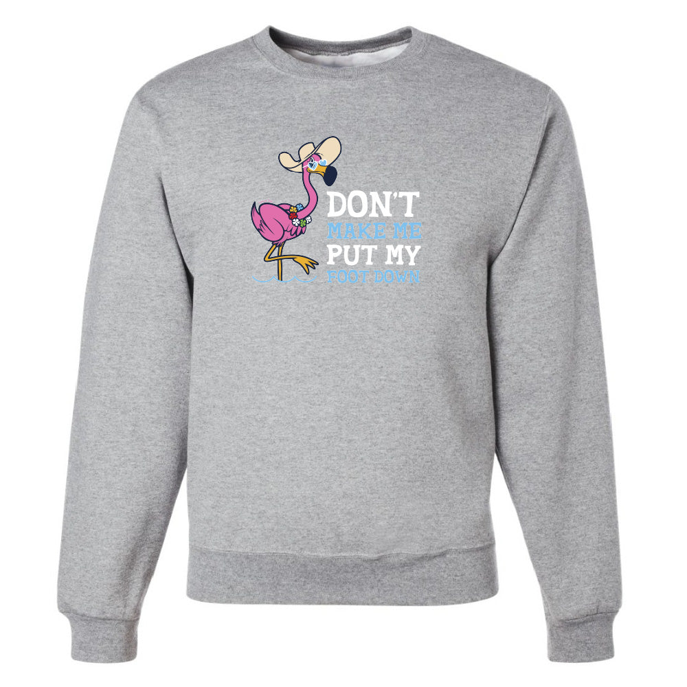 Gray sweatshirt with a flamingo graphic and text on a white background