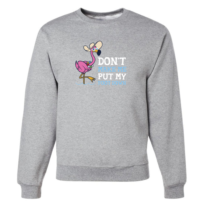Gray sweatshirt with a flamingo graphic and text on a white background