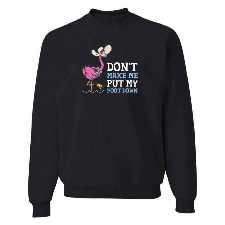 Black sweatshirt with cartoon flamingo design and text on a white background