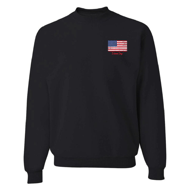 Black sweatshirt with American flag patch on a white background