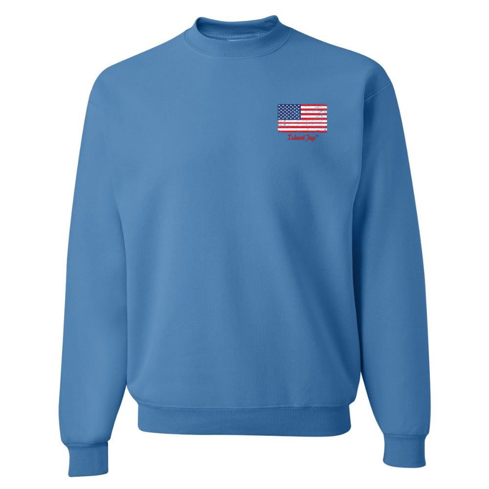 Blue sweatshirt with an American flag patch on a white background