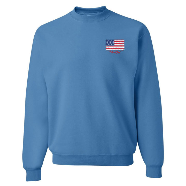 Blue sweatshirt with an American flag patch on a white background