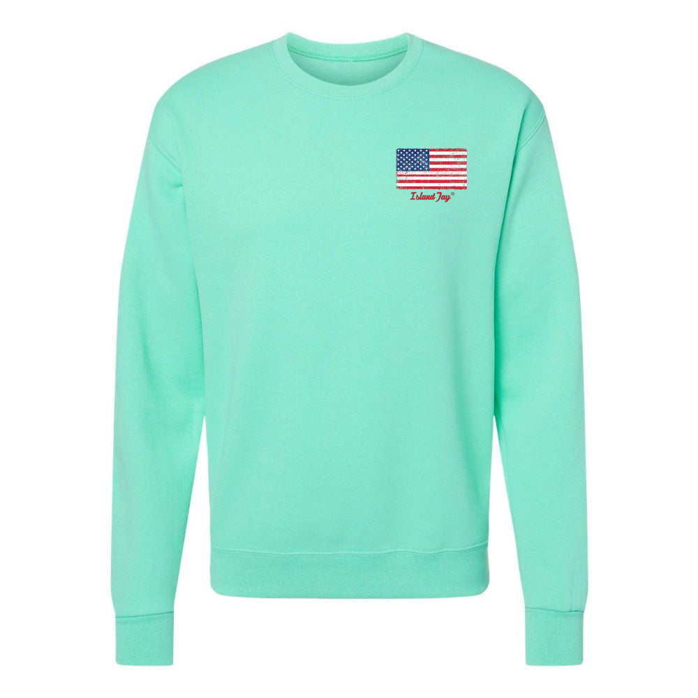 Mint green sweatshirt with American flag design on a white background