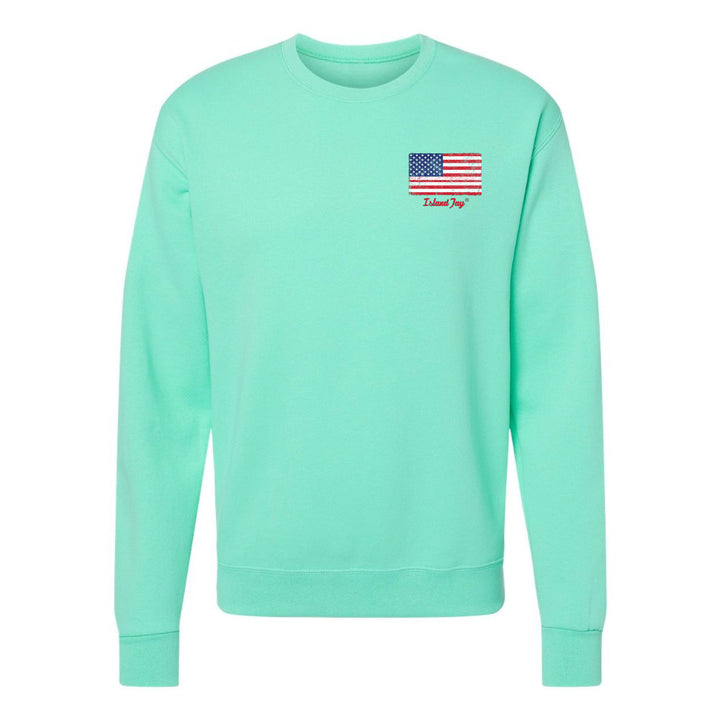 Mint green sweatshirt with American flag design on a white background