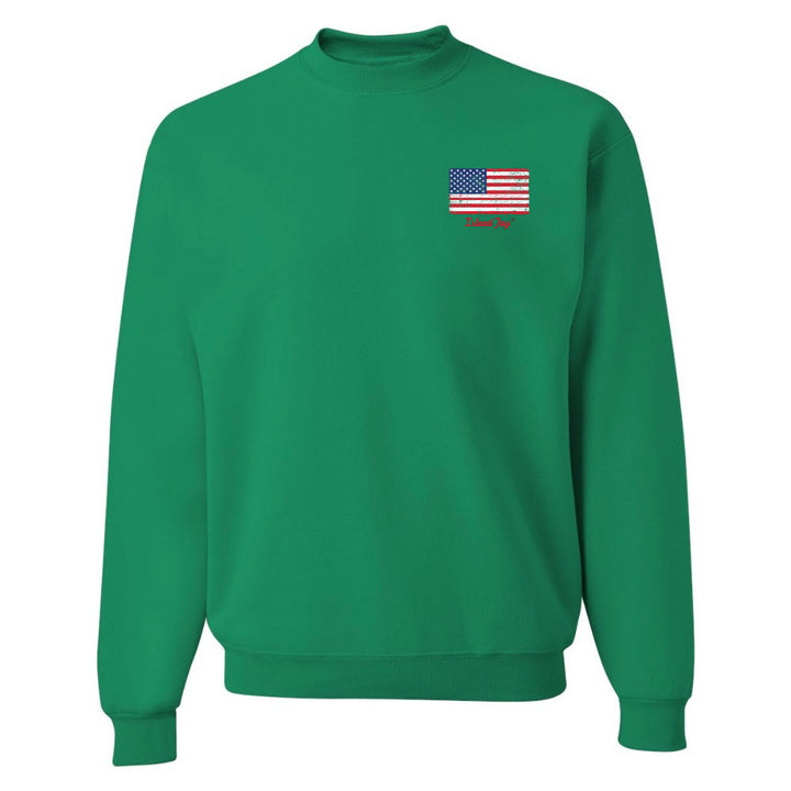 Green sweatshirt with American flag patch on a white background