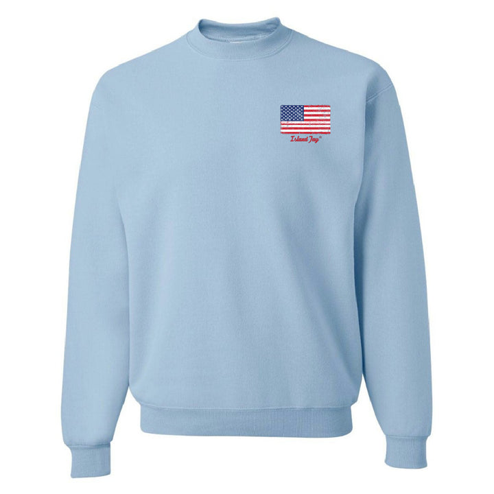 Light blue sweatshirt with an American flag patch on a white background