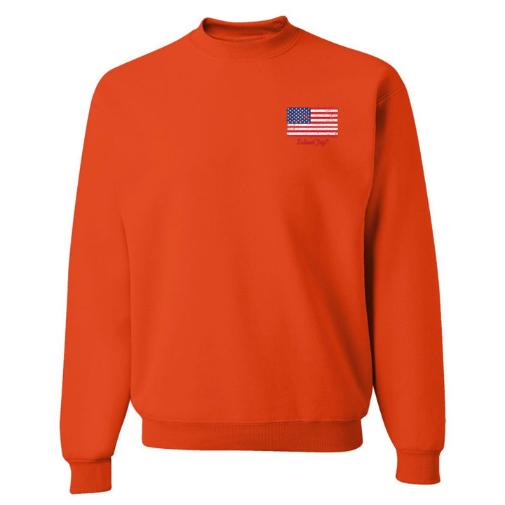 Orange sweatshirt with an American flag patch on a white background