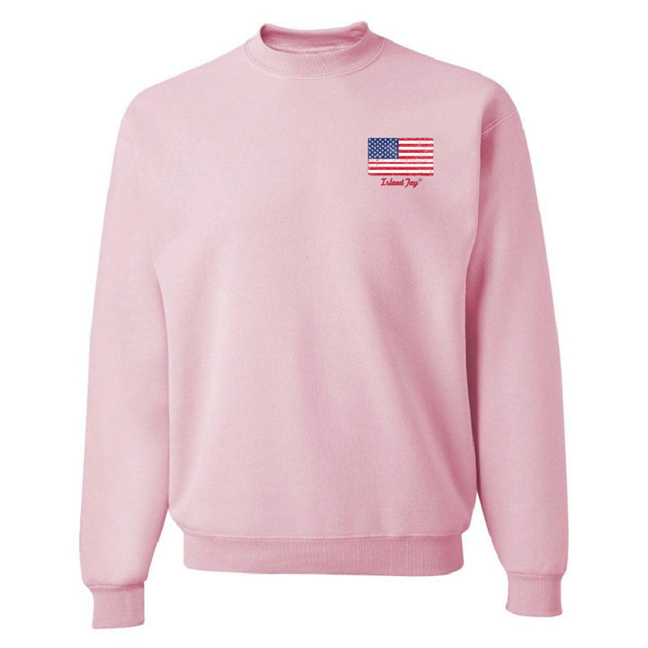 Pink sweatshirt with American flag design on a white background