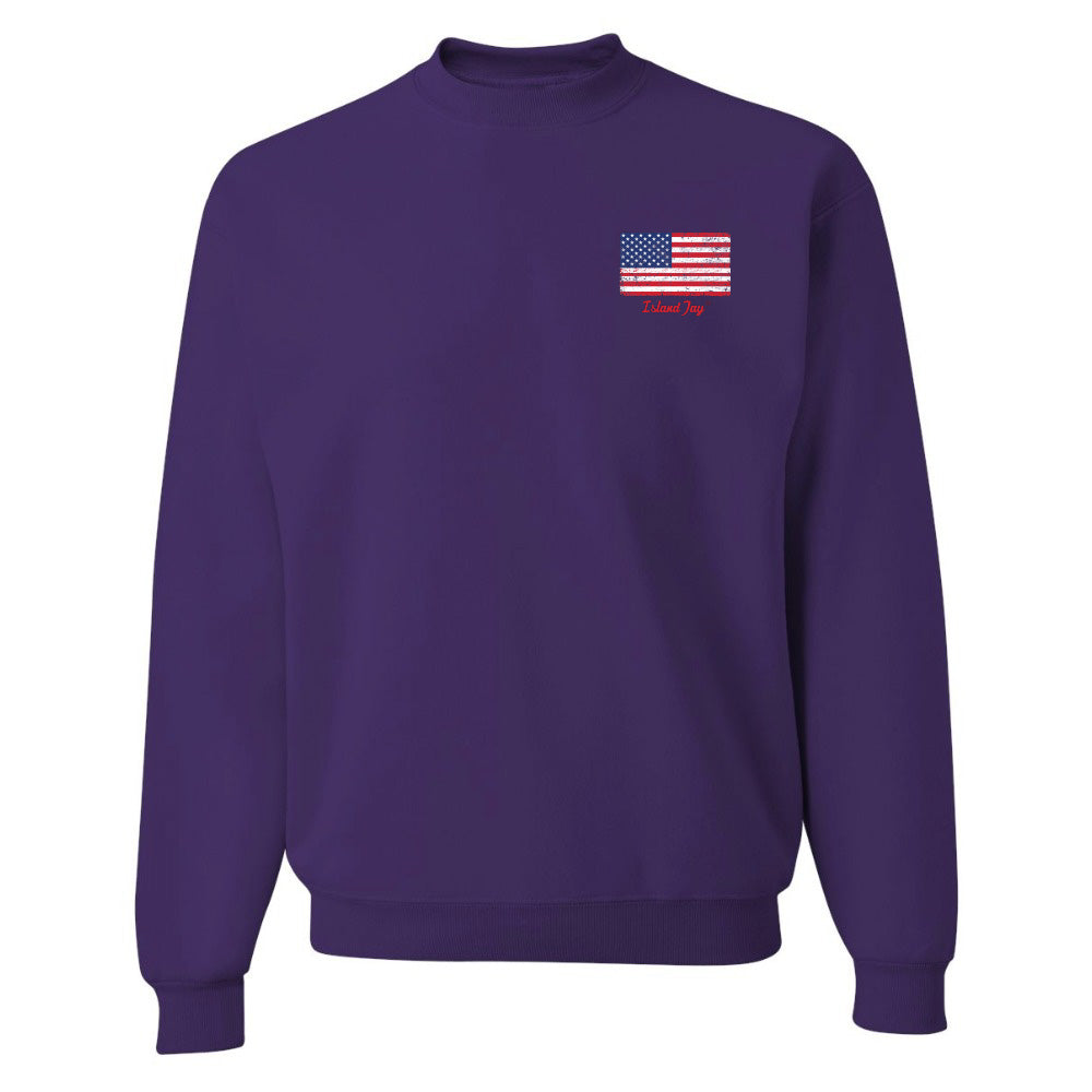 Purple sweatshirt with an American flag patch on a white background