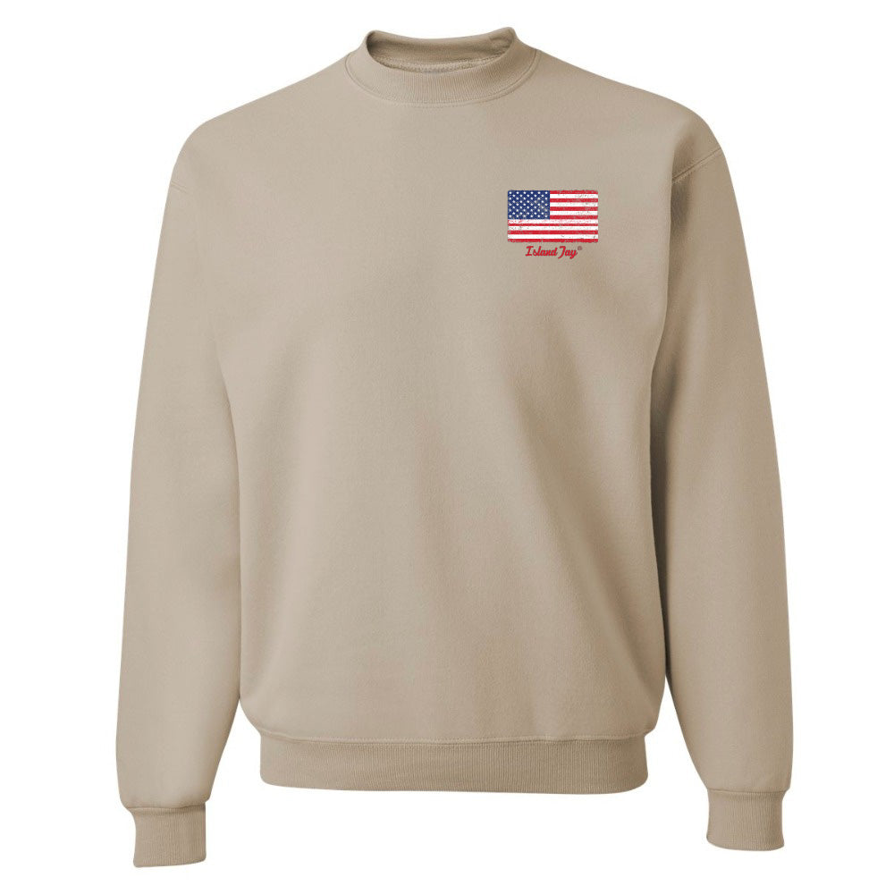 Beige sweatshirt with American flag patch on a white background
