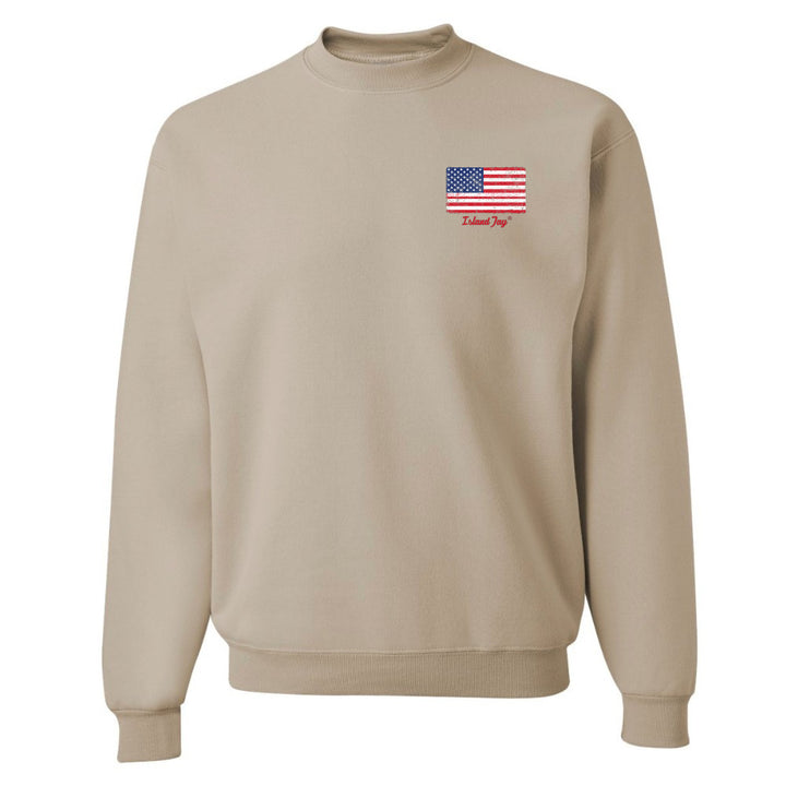 Beige sweatshirt with American flag patch on a white background