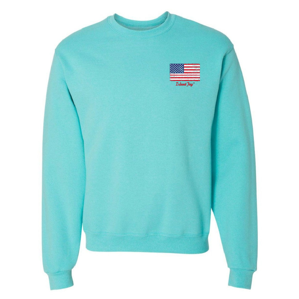 Turquoise sweatshirt with American flag design on a white background