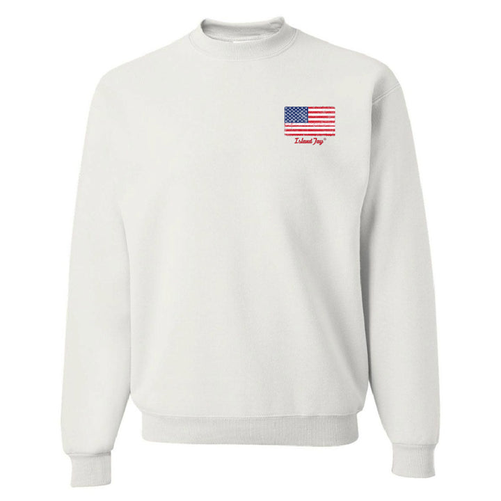 White sweatshirt with American flag design on a white background