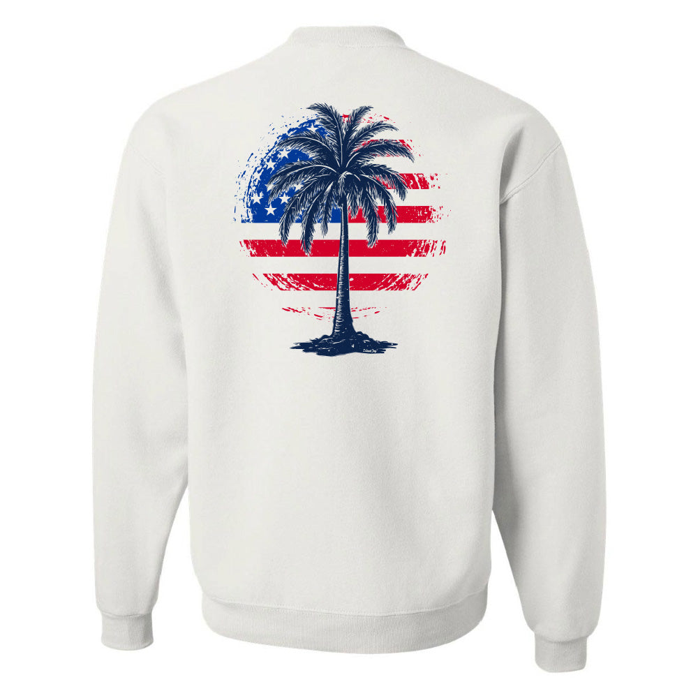 White sweatshirt with a palm tree design on the back featuring red, white, and blue colors.