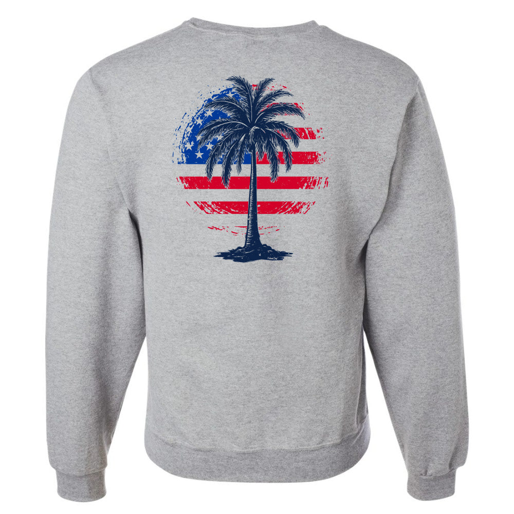 Gray sweatshirt with a palm tree design on an American flag background