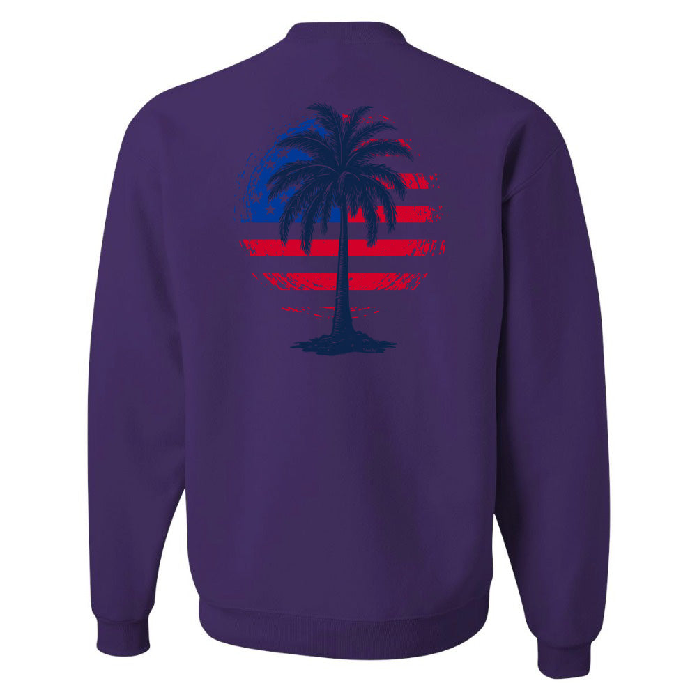 Purple sweatshirt with a palm tree design on the back against a white background