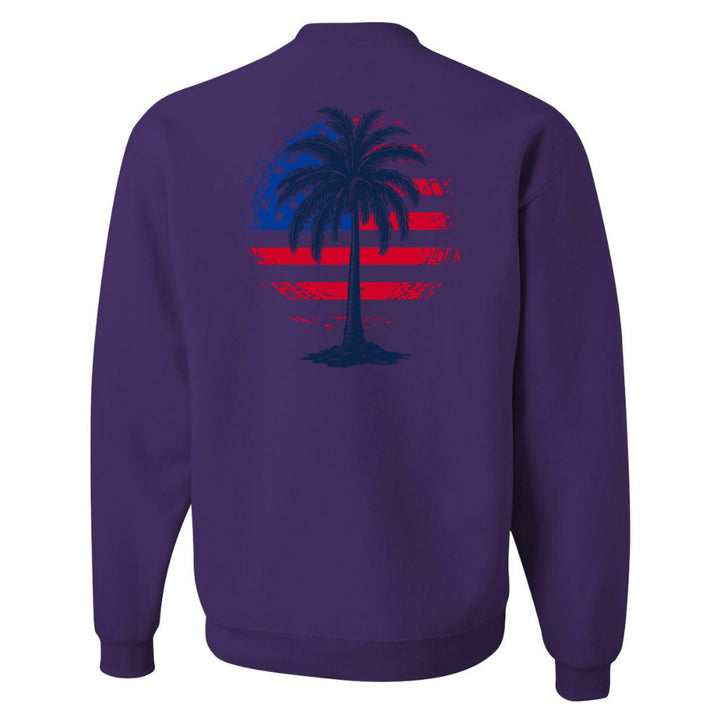 Purple sweatshirt with a palm tree design on the back against a white background