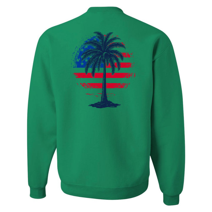 Green sweatshirt with a palm tree design on the back against a white background