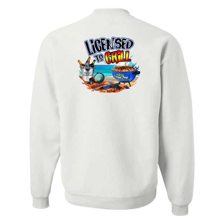 White sweatshirt with 'Licensed to Grill' graphic on the back