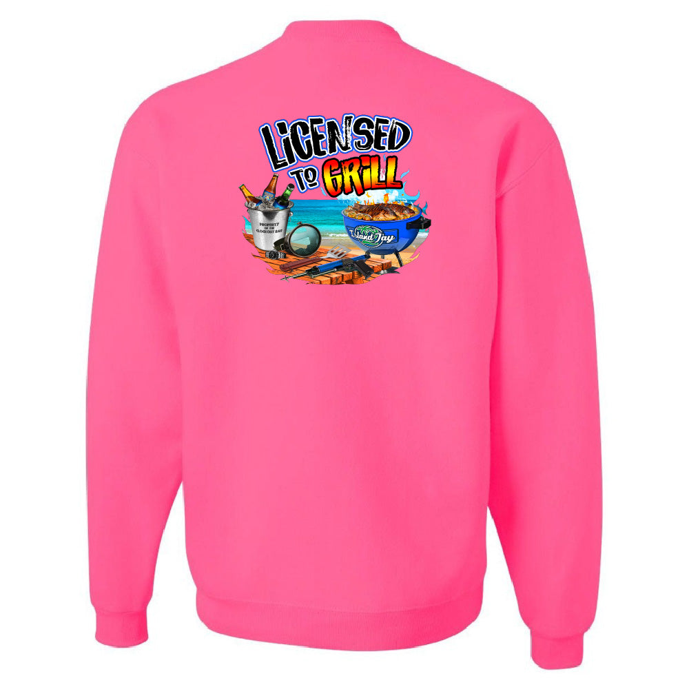 Pink sweatshirt with 'Licensed to Grill' graphic on the back