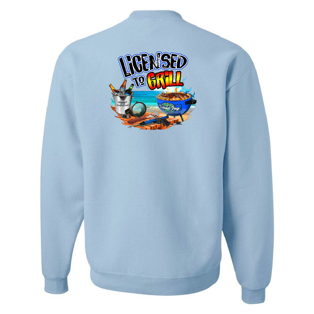 Light blue sweatshirt with a graphic design on the back featuring text 'Licensed to Grill' and images of grilling equipment.