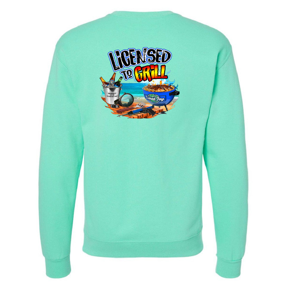 Mint green sweatshirt with 'Licensed to Grill' graphic on the back