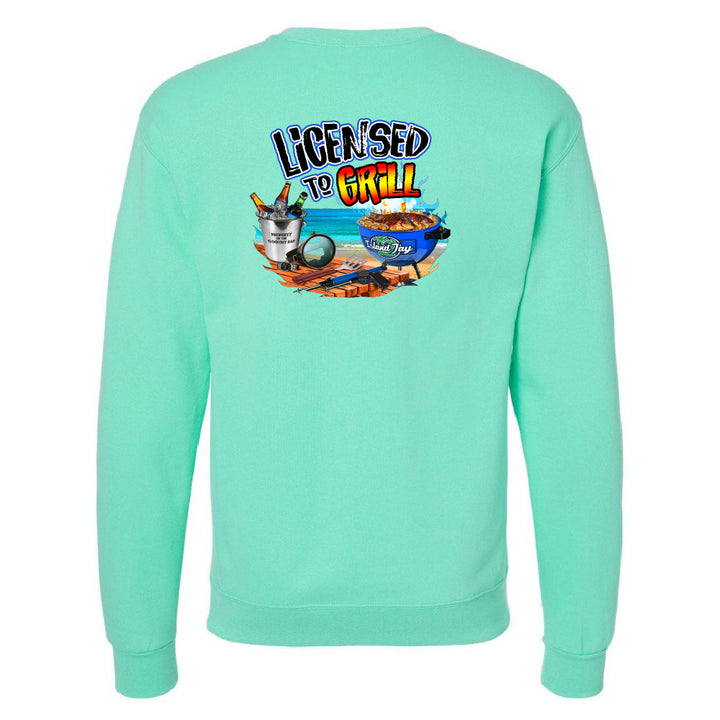 Mint green sweatshirt with 'Licensed to Grill' graphic on the back