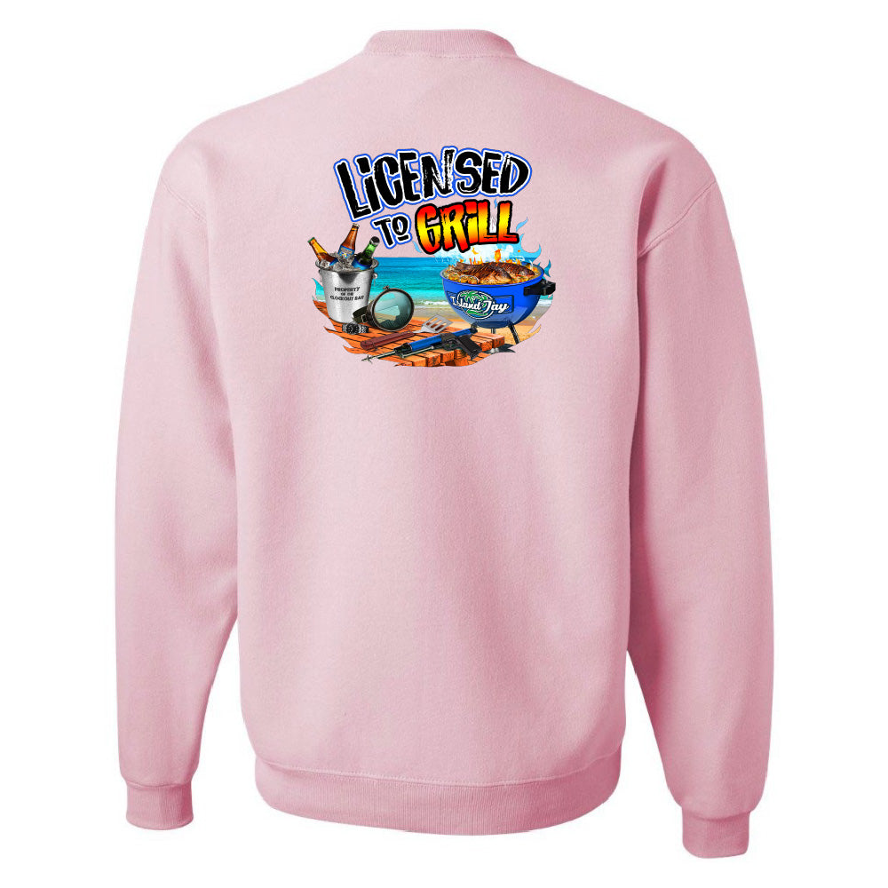 Pink sweatshirt with 'Licensed to Grill' graphic on the back