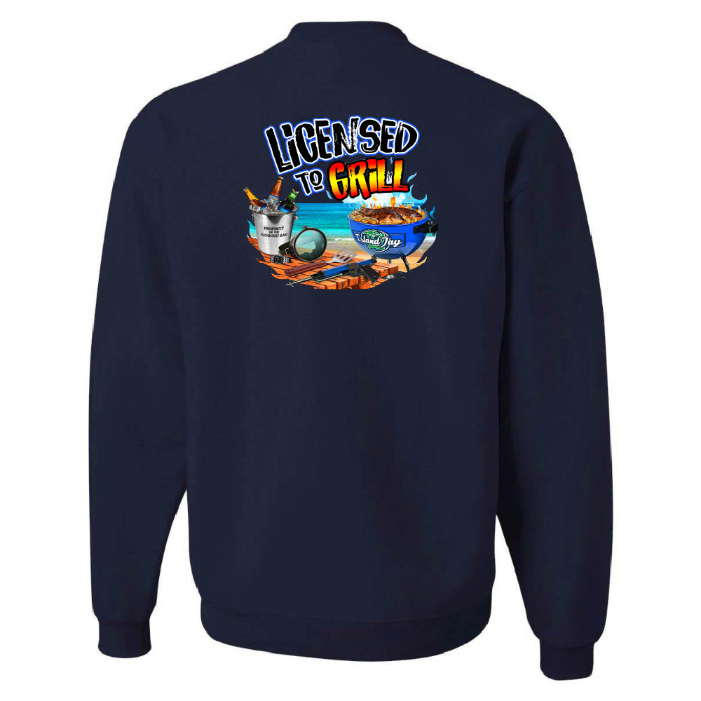 Navy blue sweatshirt with 'Licensed to Grill' graphic on the back against a white background
