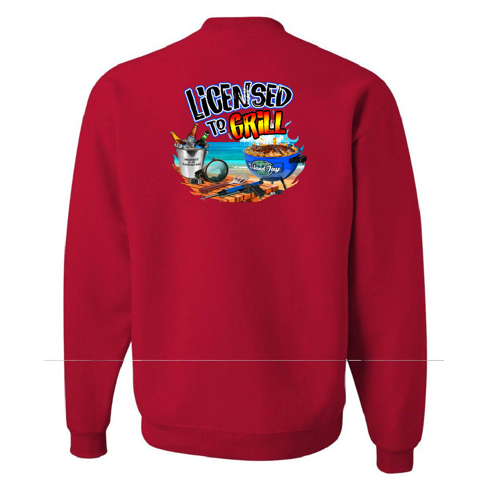 Red sweatshirt with 'Licensed to Grill' graphic on the back against a white background