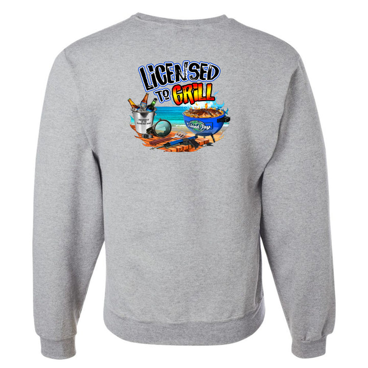 Gray sweatshirt with a colorful graphic and text on the back against a white background