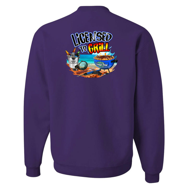 Purple sweatshirt with 'Licensed to Grill' graphic on the back