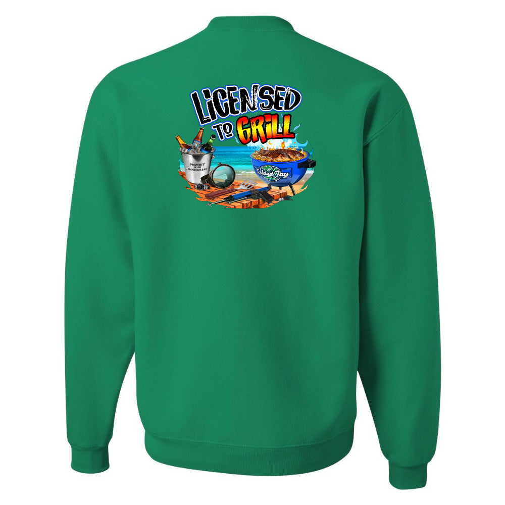 Green sweatshirt with 'Licensed to Grill' graphic on the back