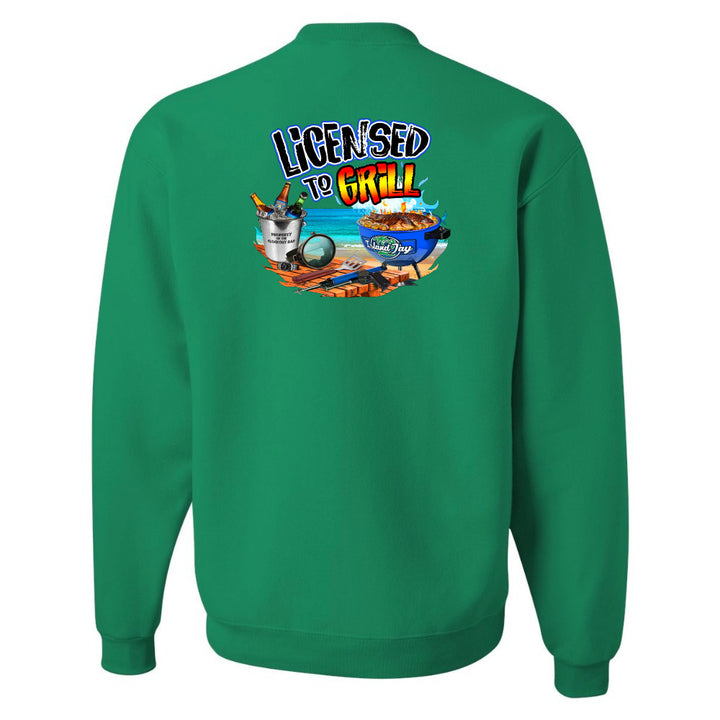 Green sweatshirt with 'Licensed to Grill' graphic on the back