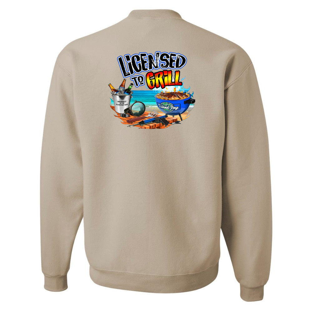 Beige sweatshirt with 'Licensed to Grill' graphic on the back