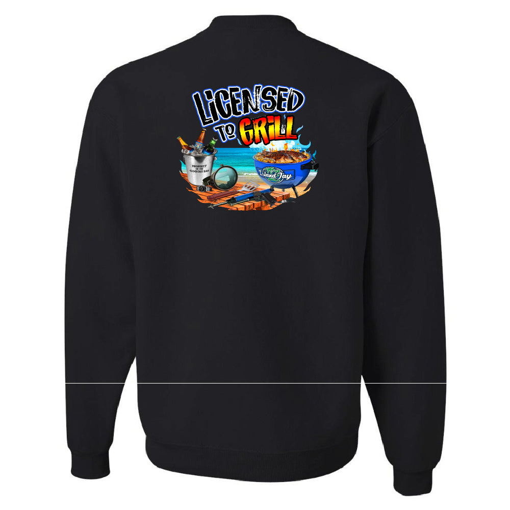 Black sweatshirt with 'Licensed to Grill' graphic on a white background