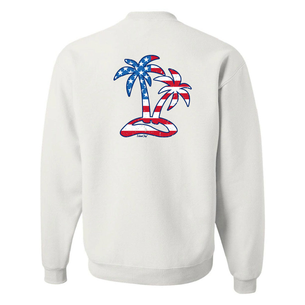 White sweatshirt with a patriotic palm tree design on the back against a white background