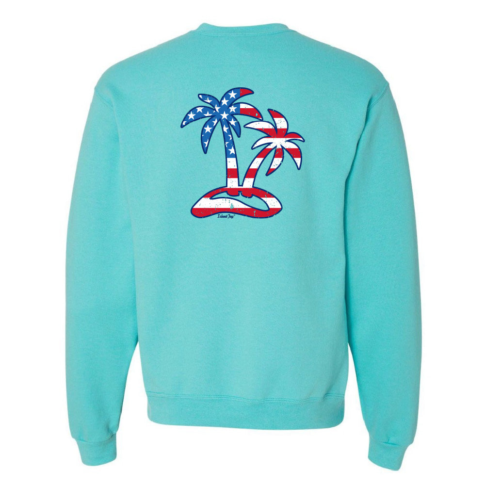 Turquoise sweatshirt with American flag palm trees on a white background