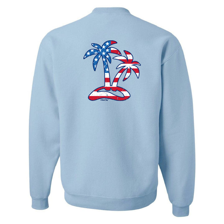 Light blue sweatshirt with American flag palm trees on a white background