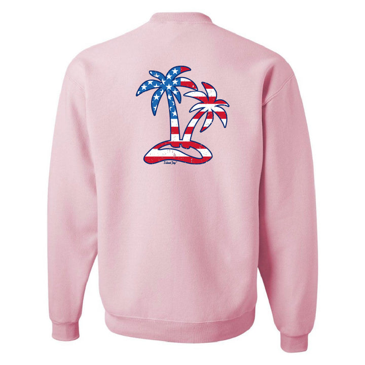 Pink sweatshirt with palm trees and American flag design on the back against a white background