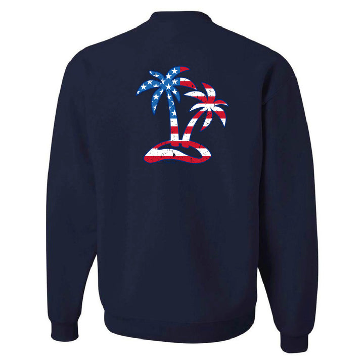 Navy blue sweatshirt with palm tree design featuring American flag colors on a white background
