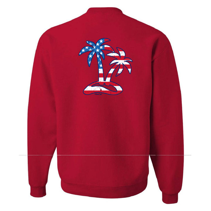 Red sweatshirt with a palm tree design on the back, featuring American flag colors.