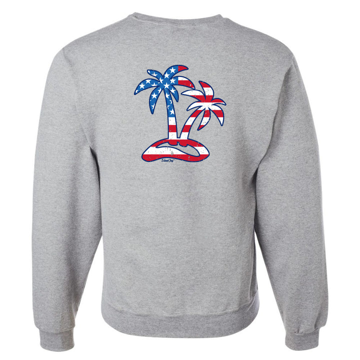Gray sweatshirt with American flag palm trees design on a white background